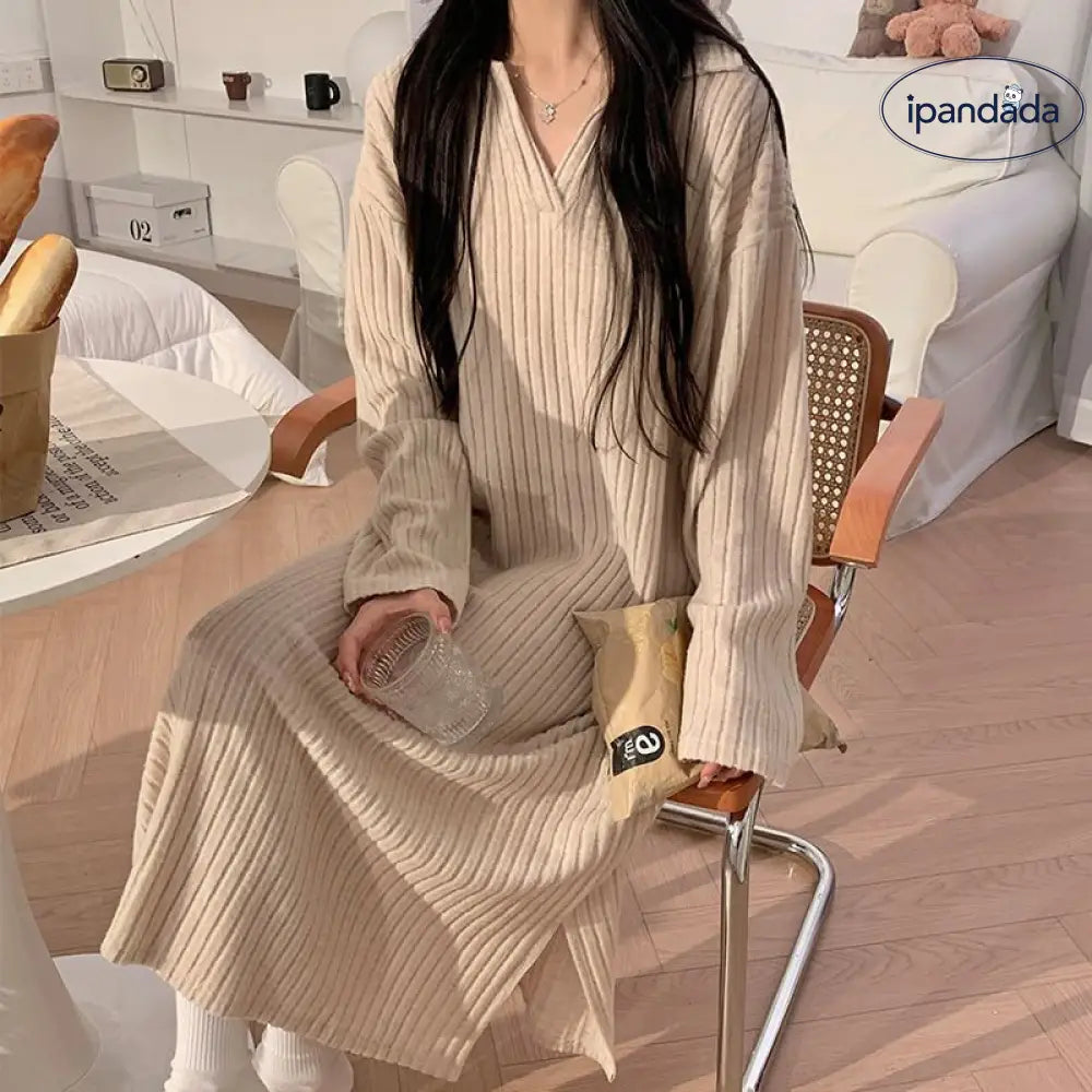 女性用 長袖 パジャマ 秋冬 新作 ニット フランネル インスタ風 ダークグレー ロングドレス ルームウェア ID2103