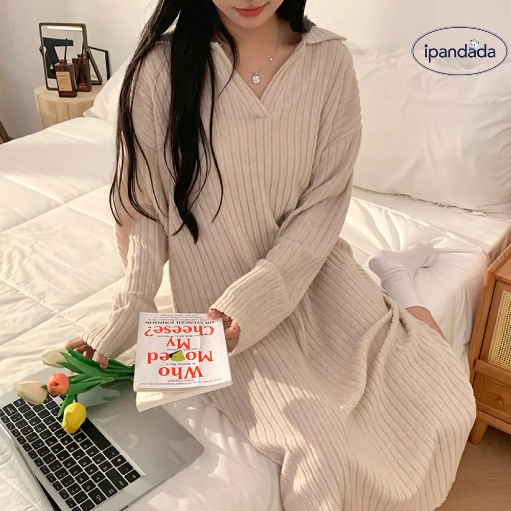 女性用 長袖 パジャマ 秋冬 新作 ニット フランネル インスタ風 ダークグレー ロングドレス ルームウェア ID2103