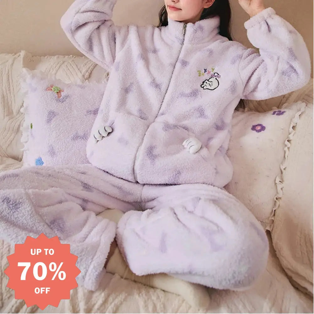 暖かい コーラルフリース パジャマ レディース 冬用 フリース ストライプ プリント 厚手 ジッパー ルームウェア セット ID3582