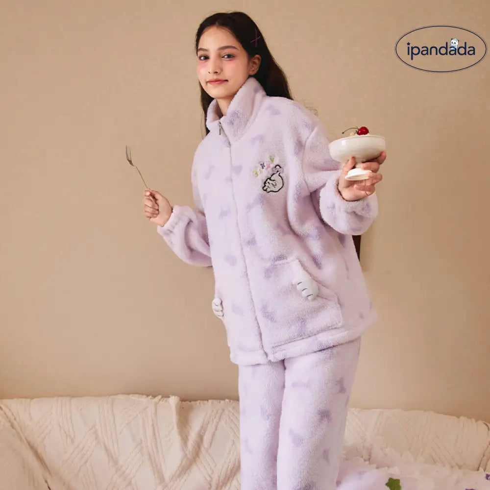 暖かい コーラルフリース パジャマ レディース 冬用 フリース ストライプ プリント 厚手 ジッパー ルームウェア セット ID3582