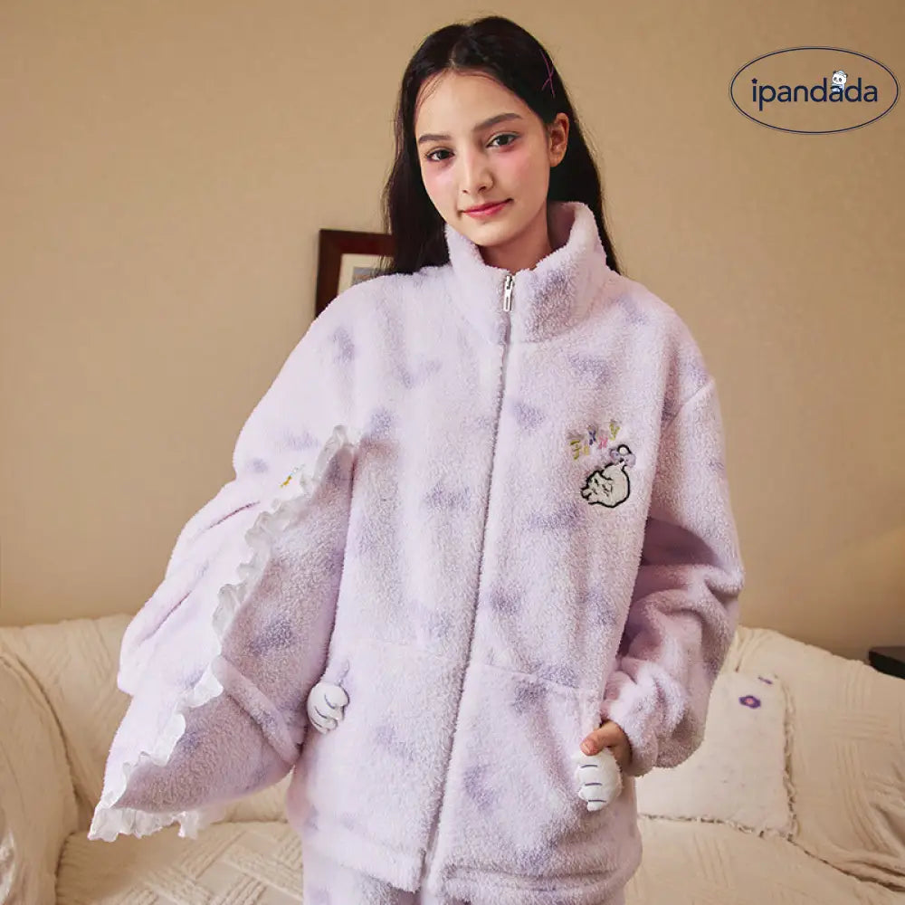 暖かい コーラルフリース パジャマ レディース 冬用 フリース ストライプ プリント 厚手 ジッパー ルームウェア セット ID3582