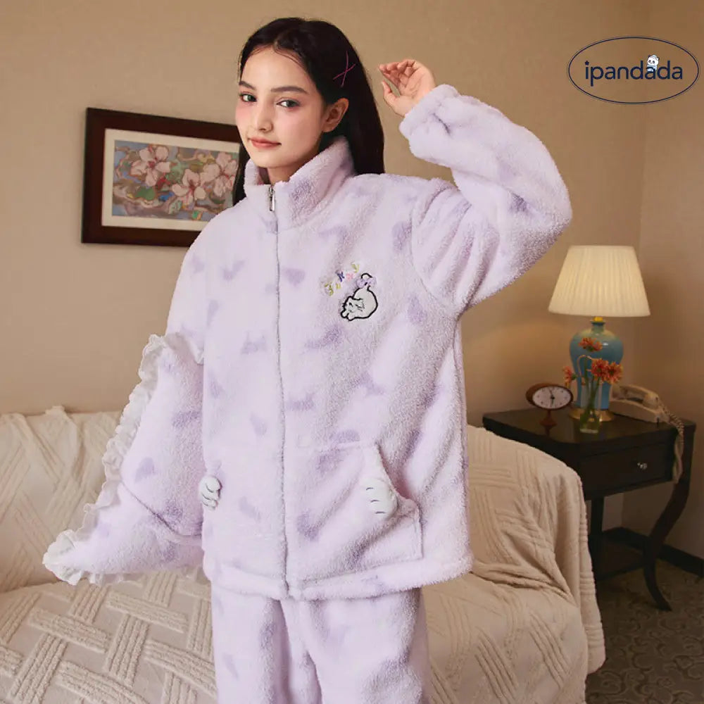 暖かい コーラルフリース パジャマ レディース 冬用 フリース ストライプ プリント 厚手 ジッパー ルームウェア セット ID3582