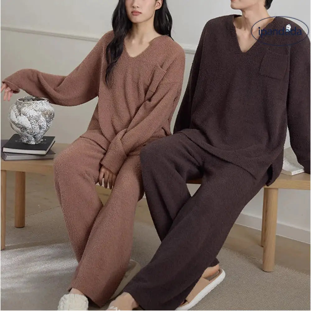 暖かいフリース カップル ハーフフリース 厚手ルーズ 男女兼用 ホームウェアセット 冬 ID2950