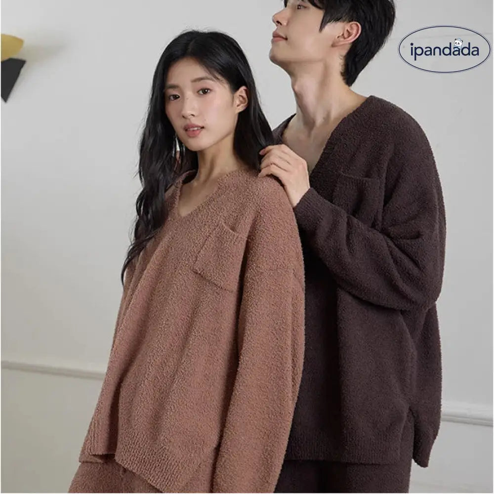 暖かいフリース カップル ハーフフリース 厚手ルーズ 男女兼用 ホームウェアセット 冬 ID2950