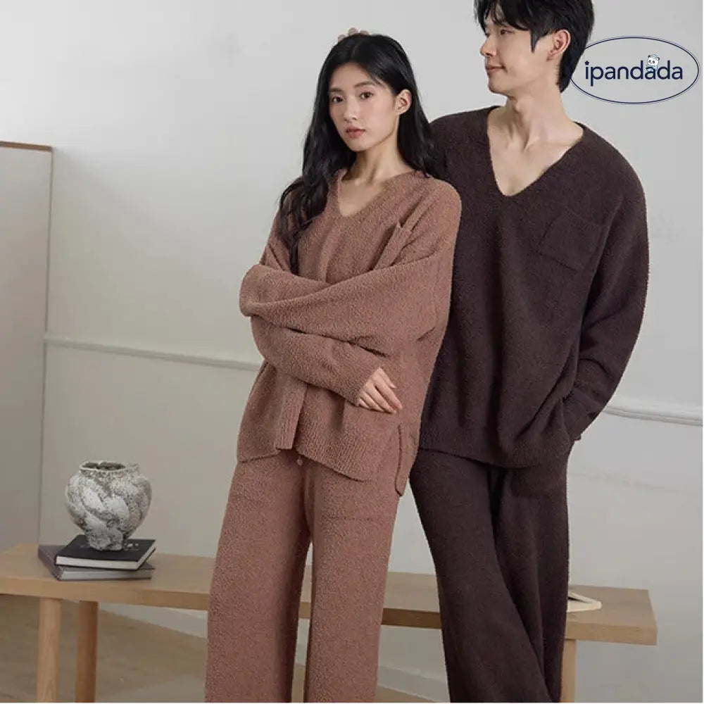 暖かいフリース カップル ハーフフリース 厚手ルーズ 男女兼用 ホームウェアセット 冬 ID2950
