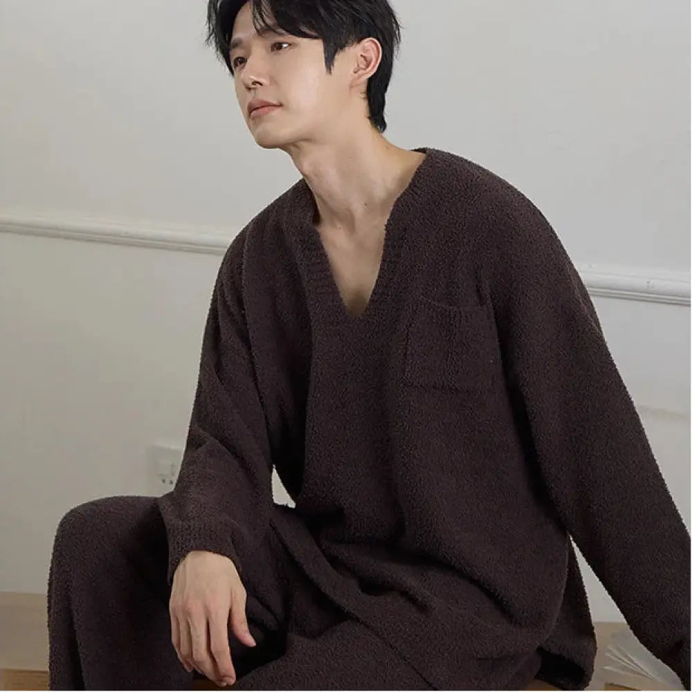 暖かいフリース カップル ハーフフリース 厚手ルーズ 男女兼用 ホームウェアセット 冬 ID2950 男性 ブラウン / レディースＭ