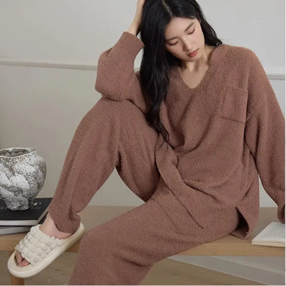 暖かいフリース カップル ハーフフリース 厚手ルーズ 男女兼用 ホームウェアセット 冬 ID2950 女性 コーヒー / レディースＭ