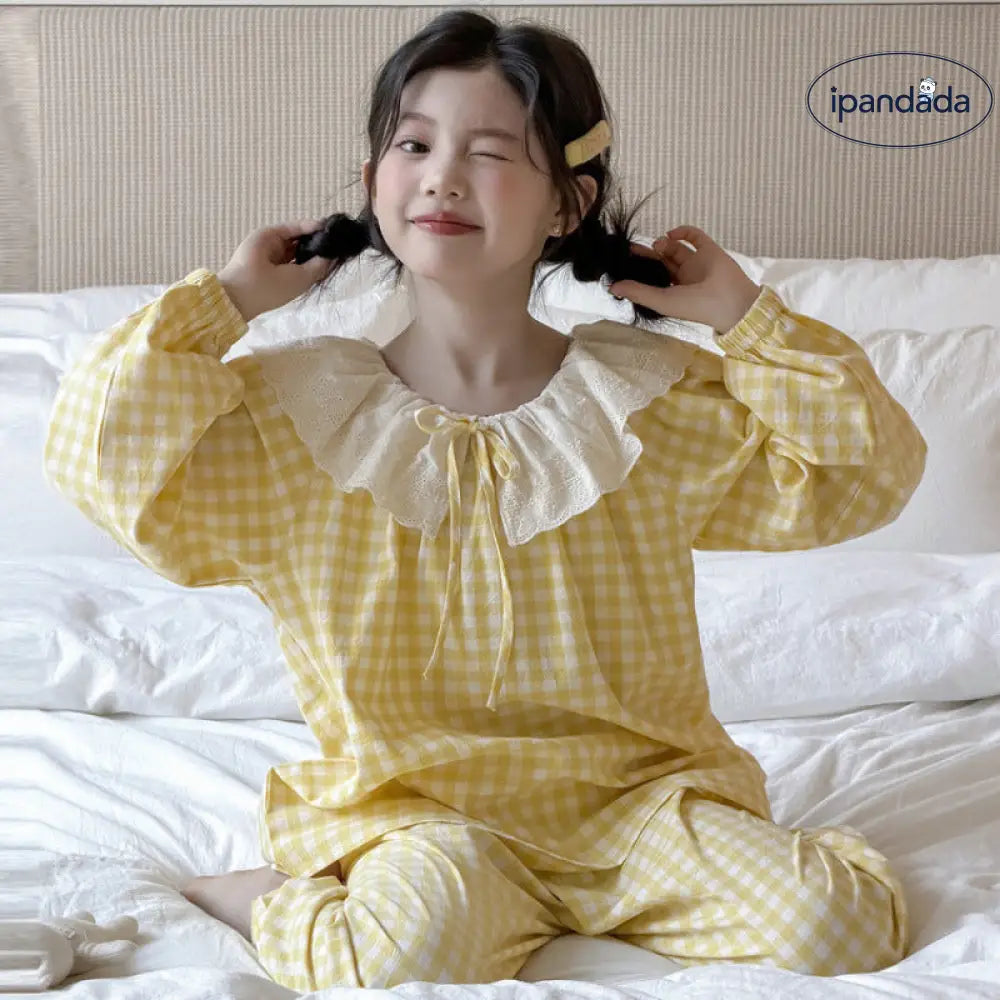 女の子 チェック パジャマ セット 春秋 長袖 長ズボン ルームウェア キッズ かわいい 部屋着 子供 肌着 2点セット ID4029