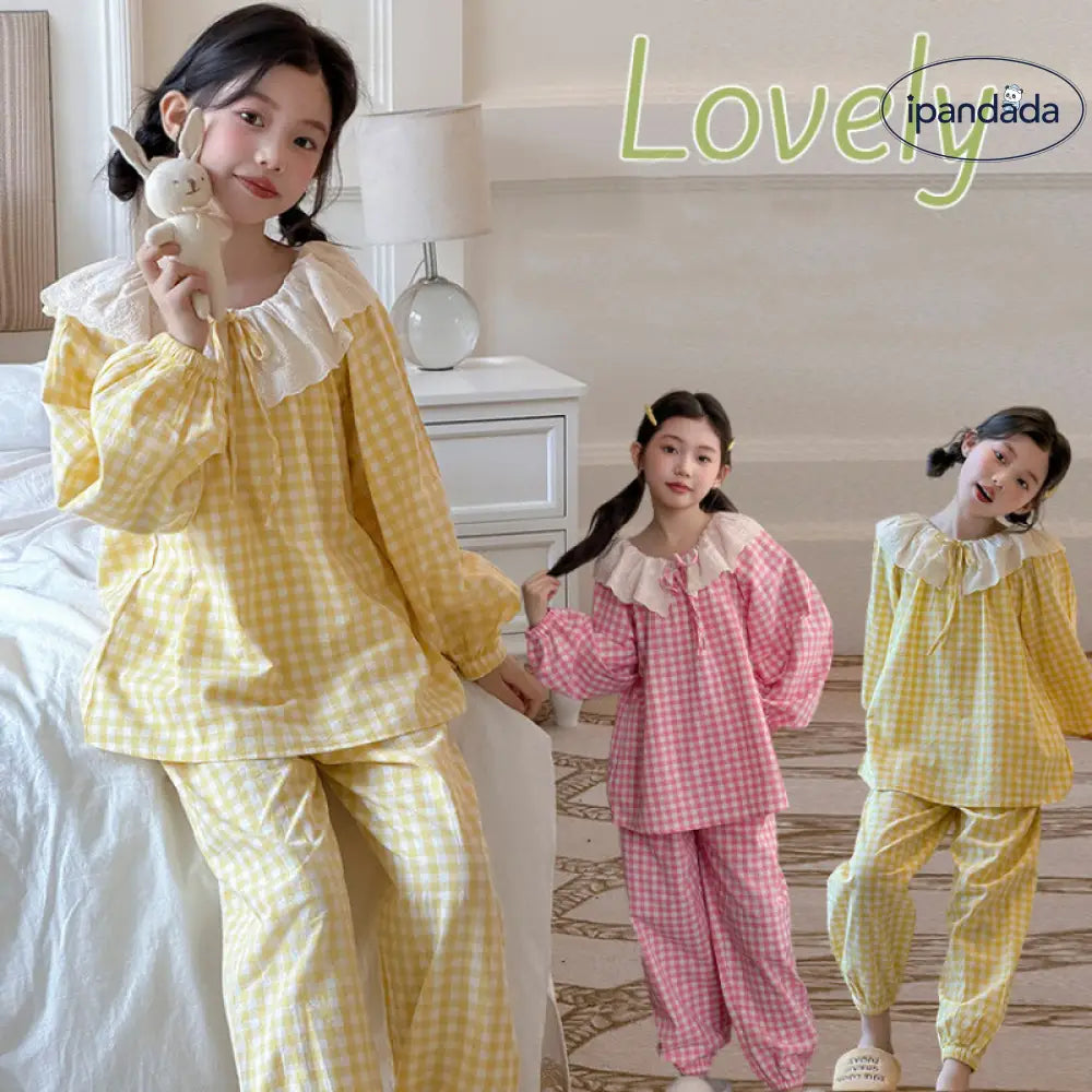 女の子 チェック パジャマ セット 春秋 長袖 長ズボン ルームウェア キッズ かわいい 部屋着 子供 肌着 2点セット ID4029