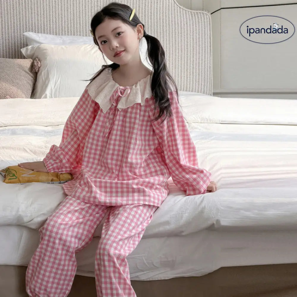 女の子 チェック パジャマ セット 春秋 長袖 長ズボン ルームウェア キッズ かわいい 部屋着 子供 肌着 2点セット ID4029