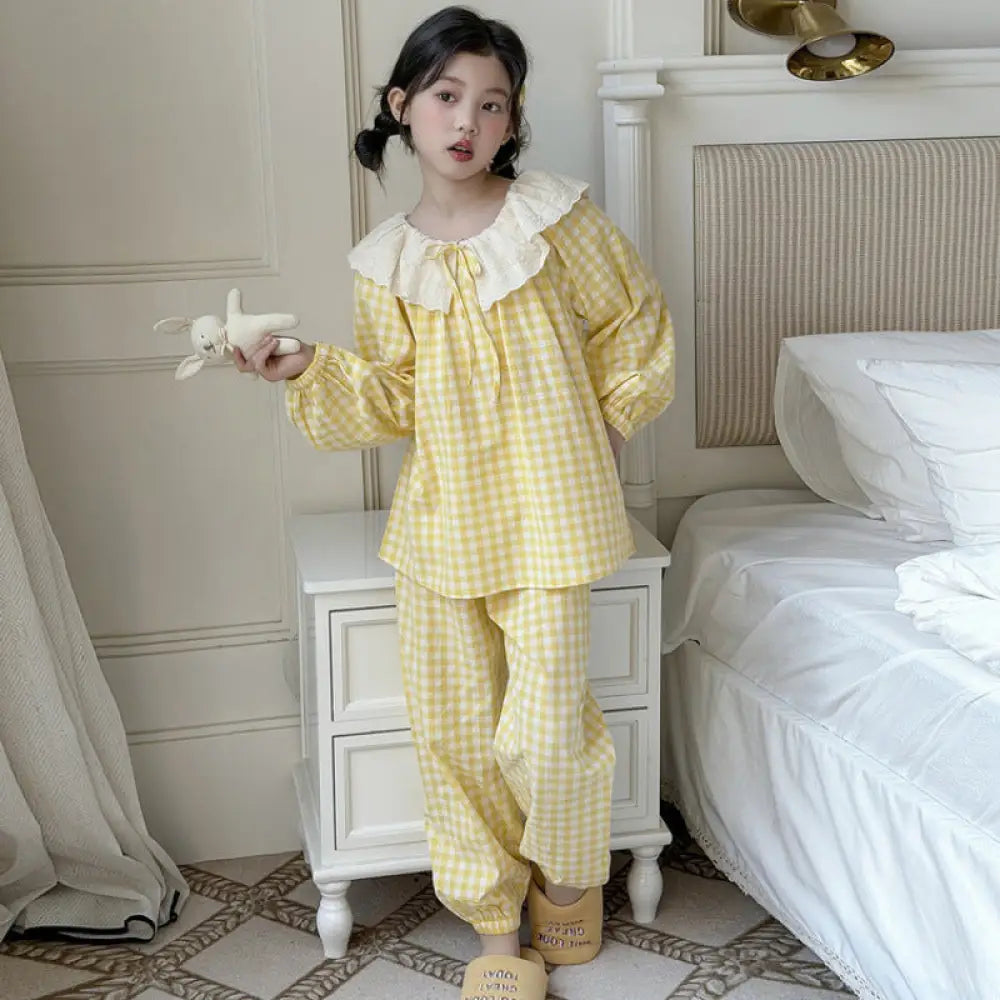 女の子 チェック パジャマ セット 春秋 長袖 長ズボン ルームウェア キッズ かわいい 部屋着 子供 肌着 2点セット ID4029 イエロー / 120cm
