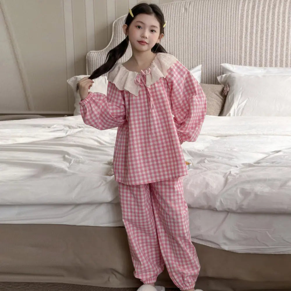 女の子 チェック パジャマ セット 春秋 長袖 長ズボン ルームウェア キッズ かわいい 部屋着 子供 肌着 2点セット ID4029 ピンク / 120cm