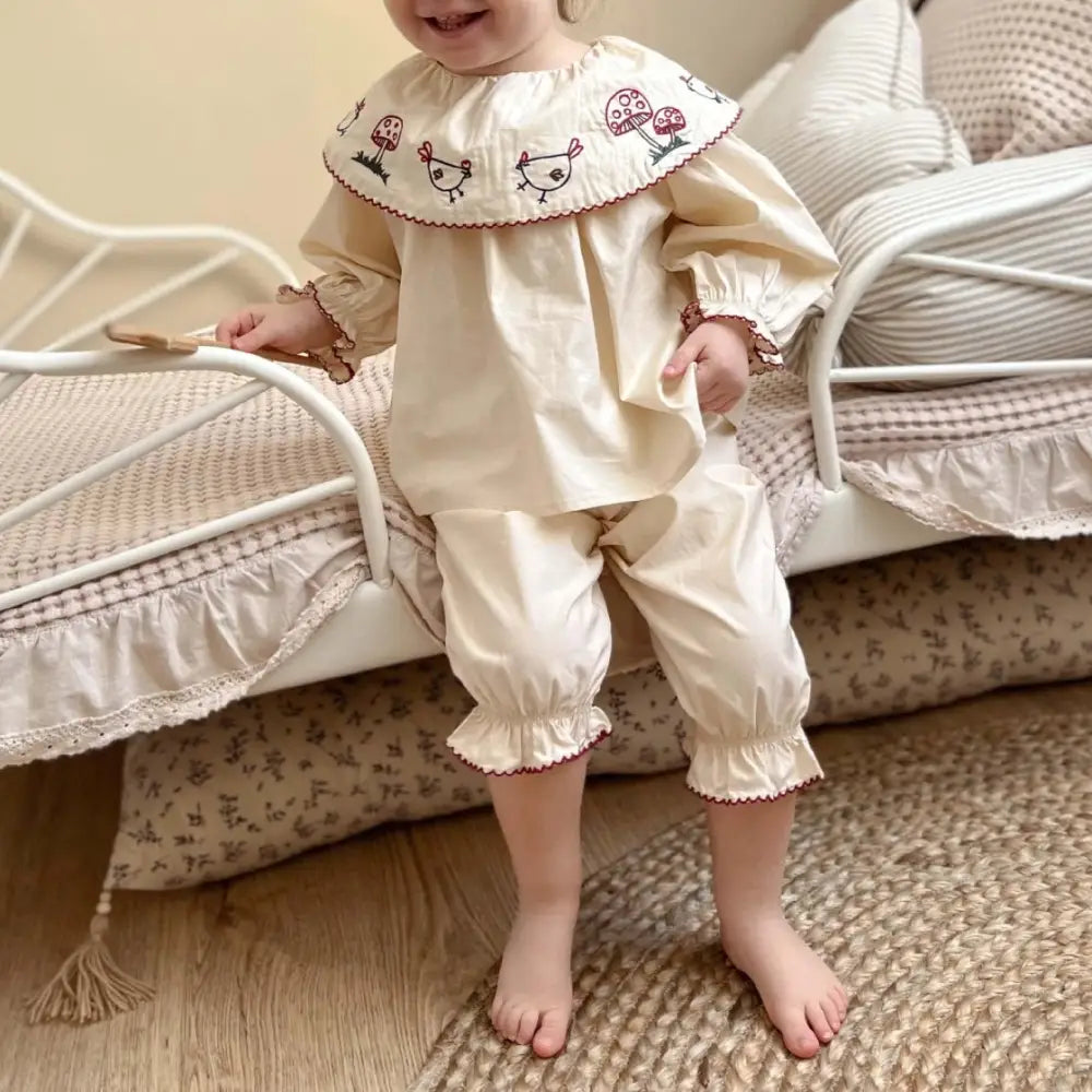 女の子 刺繍 パジャマ セット 秋冬 綿 ベビー ルームウェア 肌着 新生児 インナー かわいい 肌に優しい ID4026 ベージュ / 90cm