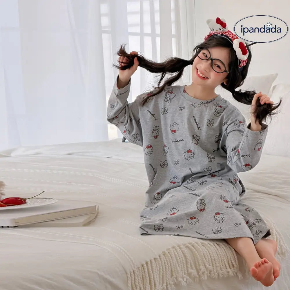女の子 ハローキティ キャラクター ネグリジェ ロング ホームウェア 春秋 かわいい ゆったり パジャマ ルーズ 韓国風 ワンピース 快適 柔らかい おしゃれ ルームウェア ID4013 ベビー＆キッズ