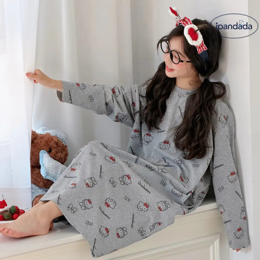 女の子 ハローキティ キャラクター ネグリジェ ロング ホームウェア 春秋 かわいい ゆったり パジャマ ルーズ 韓国風 ワンピース 快適 柔らかい おしゃれ ルームウェア ID4013 ベビー＆キッズ