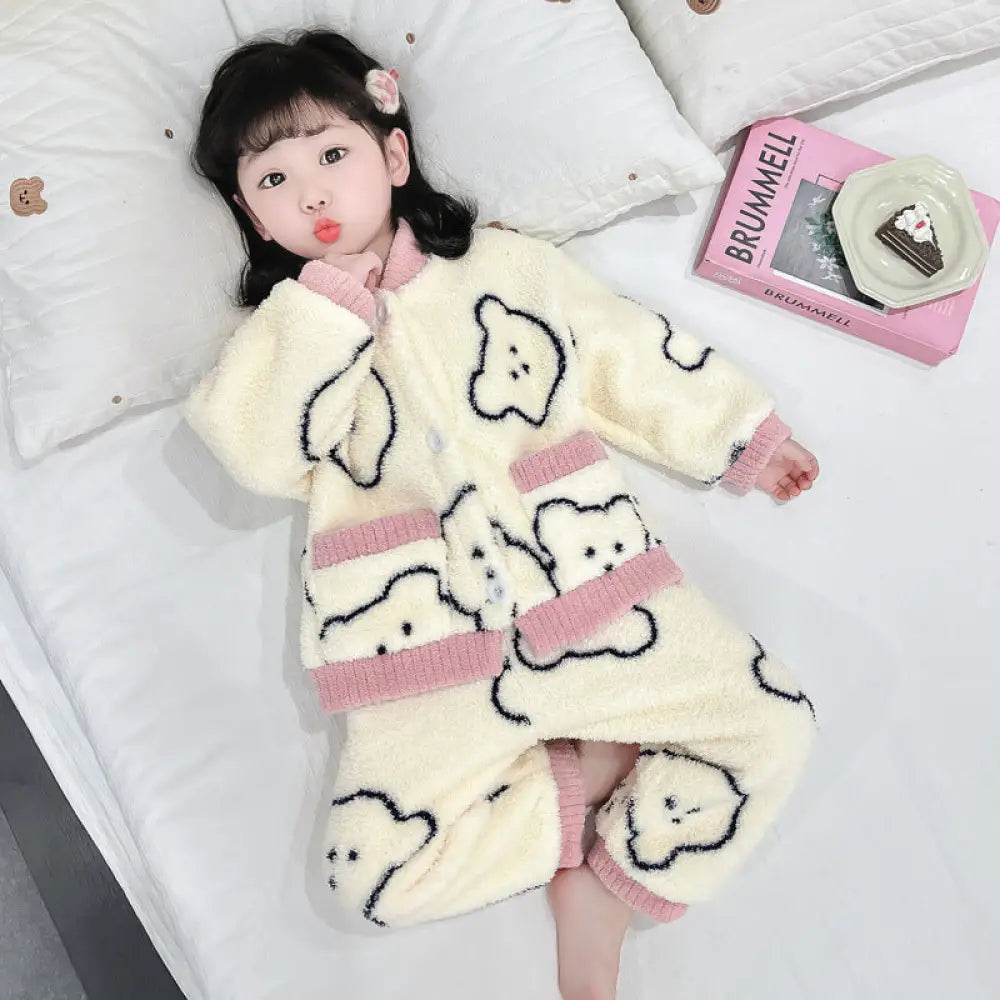 女の子 パジャマ 秋冬用 コーラルフリース 女の子用 厚手 フランネル 冬季 子供 ルームウェア セット ID2944 アイボリー / 90cm