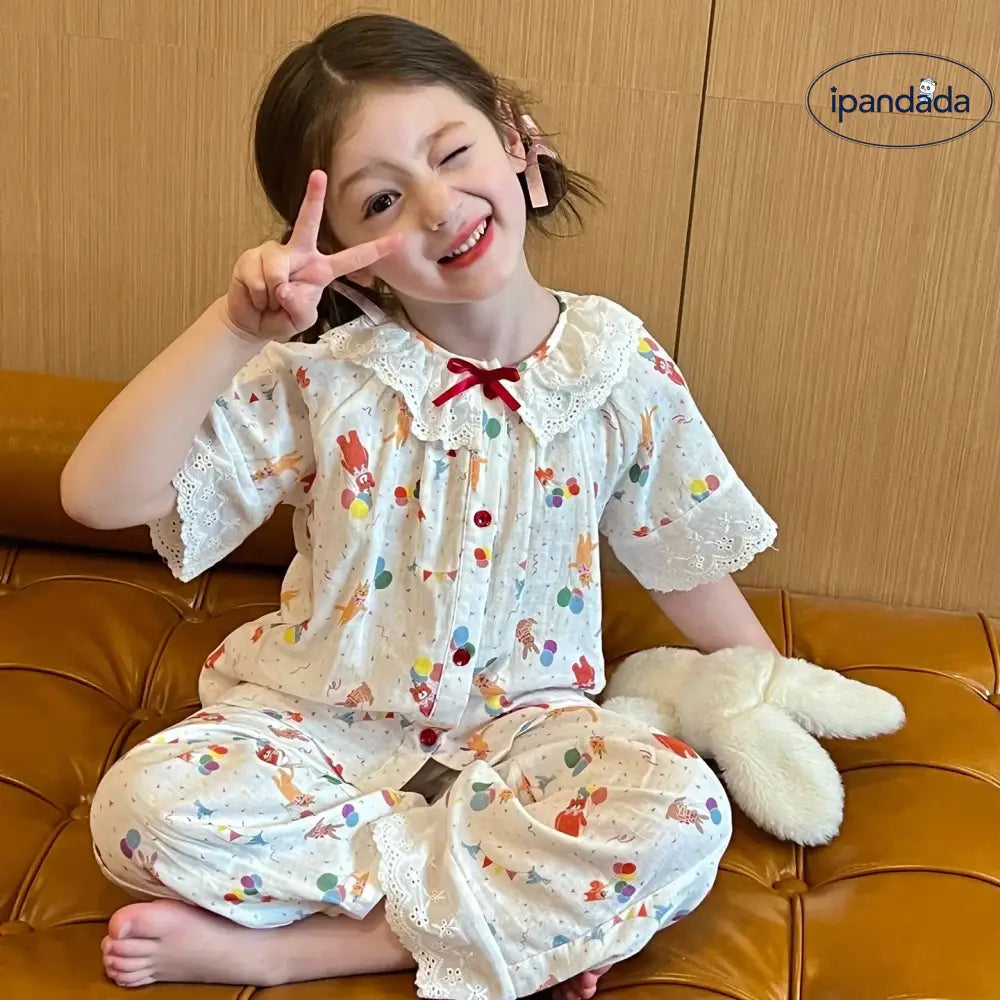 女の子 新作 コットン ルームウェア 夏用 子供 ベビー レースの縁 丸襟 プリンセス パジャマ エアコン用 半袖 セット ID2111