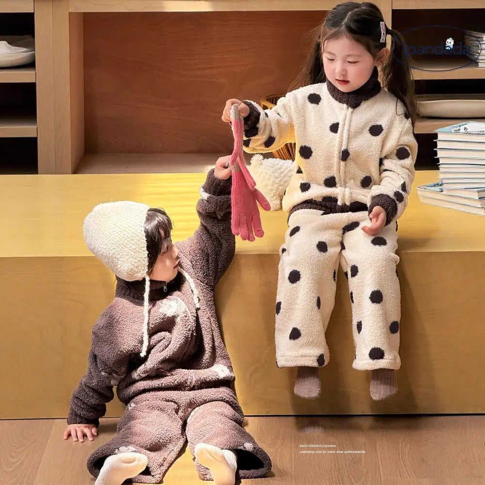 女の子用 コーラルフリース 冬用 厚手 キッズ ルームウェア フリース ジッパー パジャマ セット ID3338