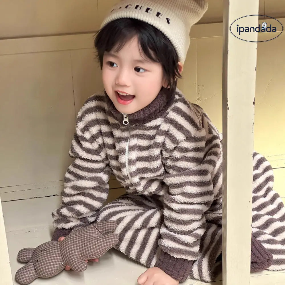 女の子用 コーラルフリース 冬用 厚手 キッズ ルームウェア フリース ジッパー パジャマ セット ID3338