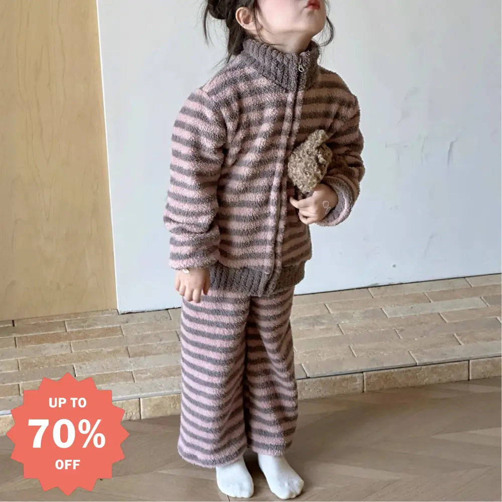 女の子用 コーラルフリース 冬用 厚手 キッズ ルームウェア フリース ジッパー パジャマ セット ID3338