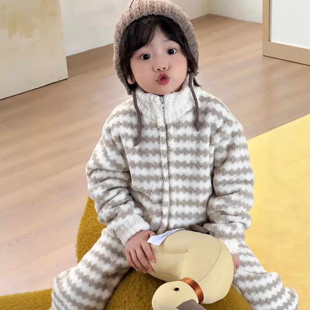 女の子用 コーラルフリース 冬用 厚手 キッズ ルームウェア フリース ジッパー パジャマ セット ID3338 タイプ③ / 100cm