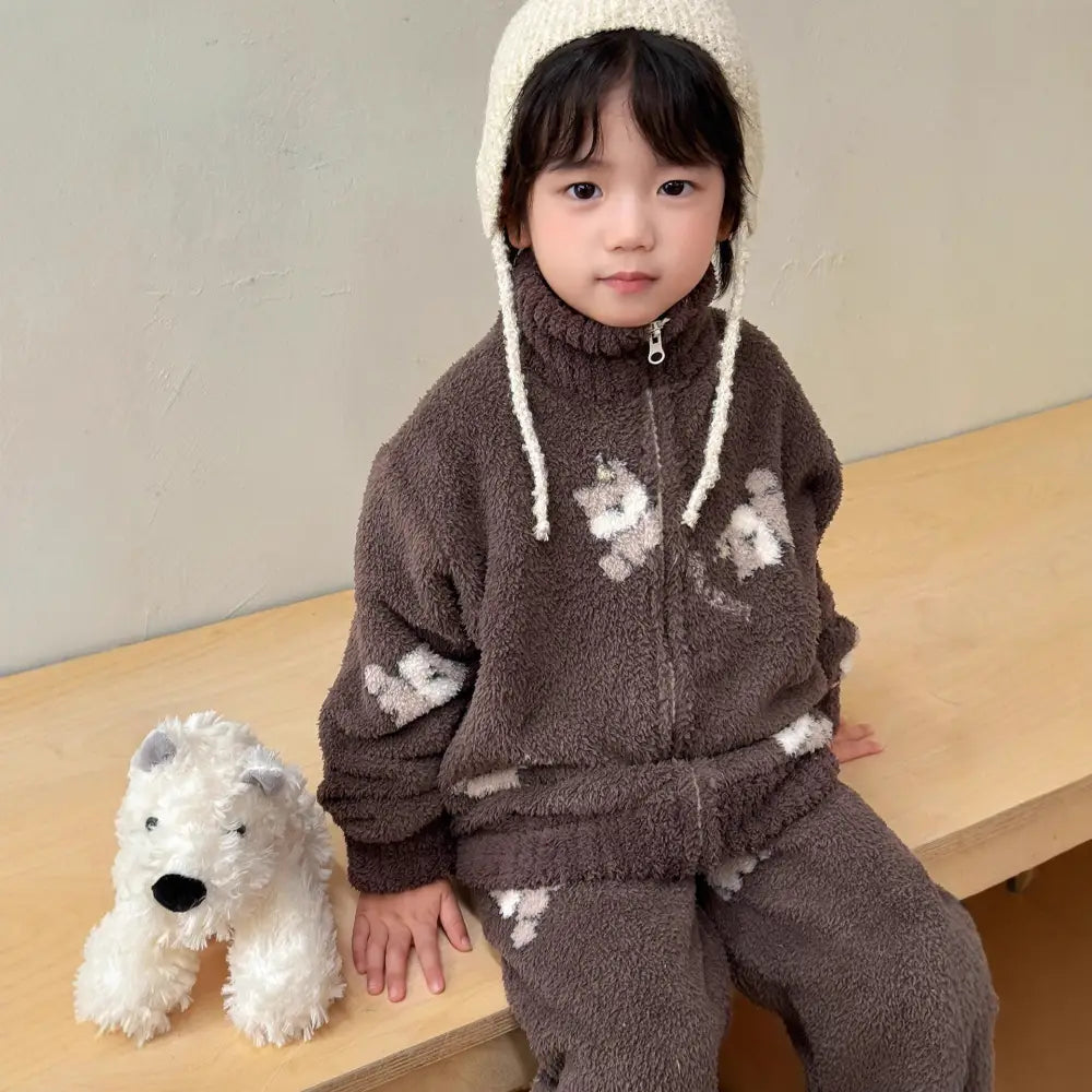 女の子用 コーラルフリース 冬用 厚手 キッズ ルームウェア フリース ジッパー パジャマ セット ID3338 タイプ④ / 100cm