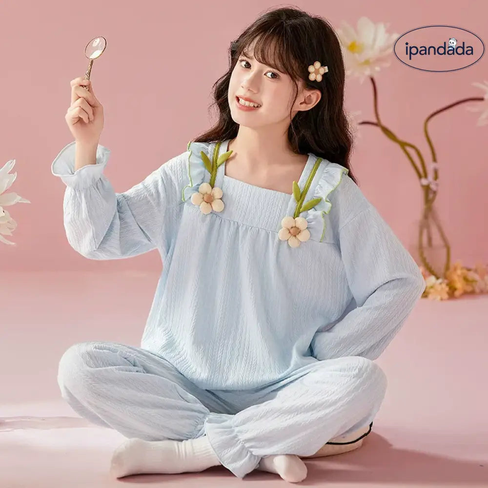 女の子用パジャマ 春秋用 長袖 綿100% 薄手 親子ペア マザー・ドーター スイートプリンセススタイル 中大童用 部屋着 セットアップ ID2140