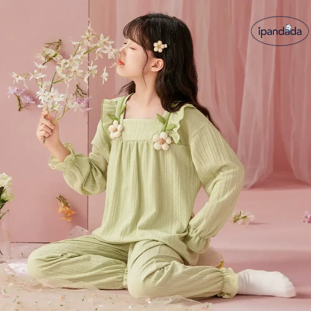 女の子用パジャマ 春秋用 長袖 綿100% 薄手 親子ペア マザー・ドーター スイートプリンセススタイル 中大童用 部屋着 セットアップ ID2140