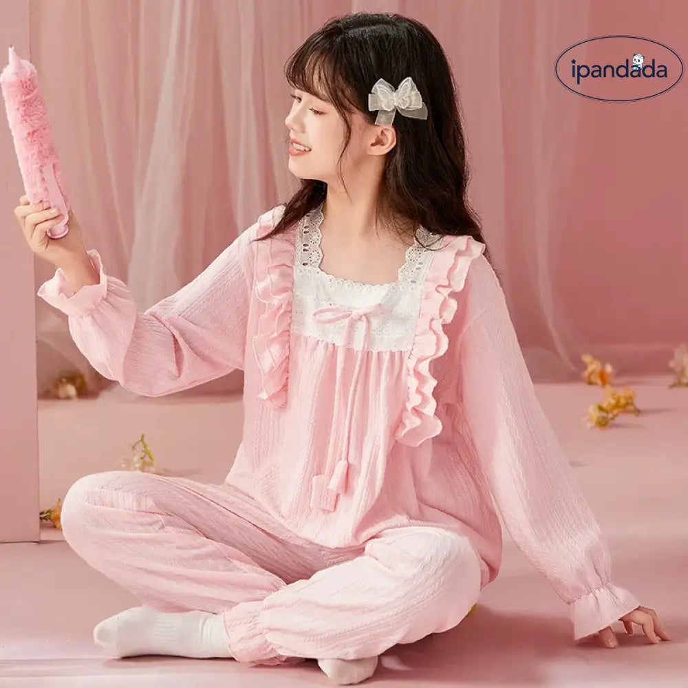 女の子用パジャマ 春秋用 長袖 綿100% 薄手 親子ペア マザー・ドーター スイートプリンセススタイル 中大童用 部屋着 セットアップ ID2140