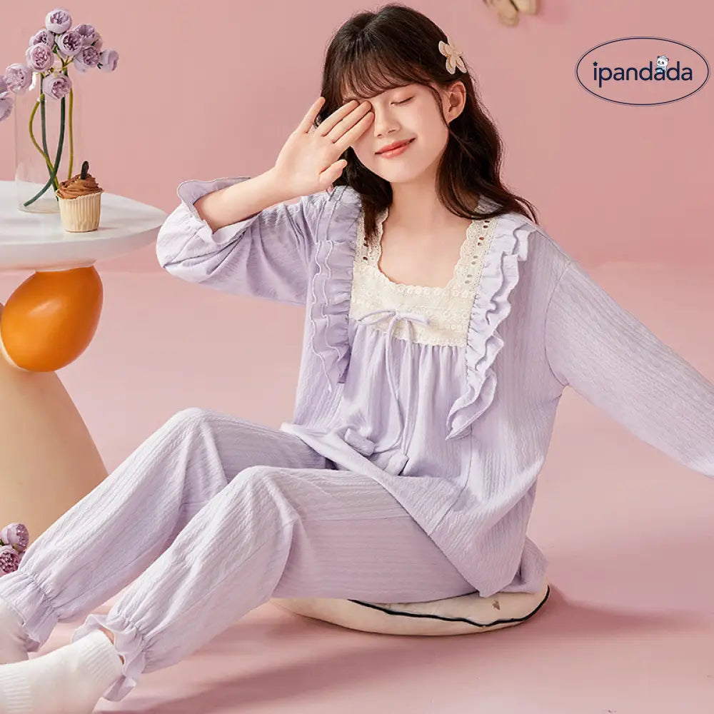 女の子用パジャマ 春秋用 長袖 綿100% 薄手 親子ペア マザー・ドーター スイートプリンセススタイル 中大童用 部屋着 セットアップ ID2140