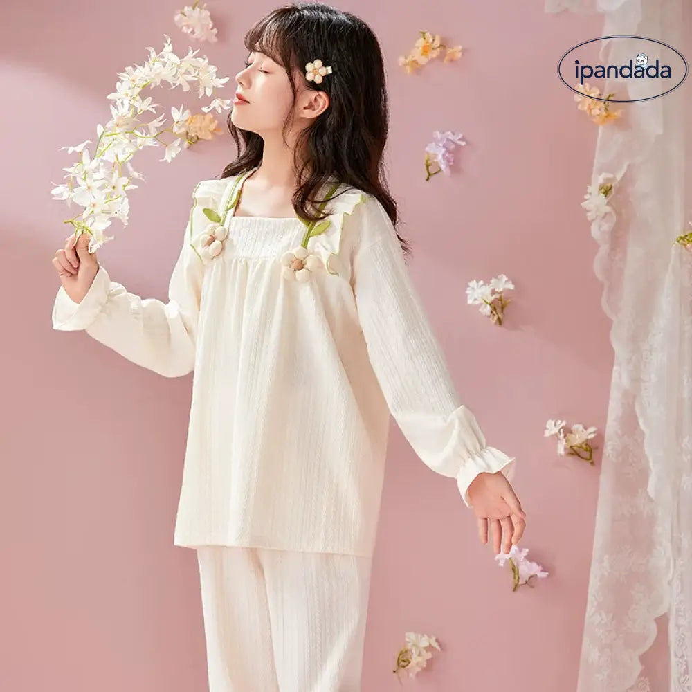 女の子用パジャマ 春秋用 長袖 綿100% 薄手 親子ペア マザー・ドーター スイートプリンセススタイル 中大童用 部屋着 セットアップ ID2140 ベージュ① / 3XS ベビー＆キッズ
