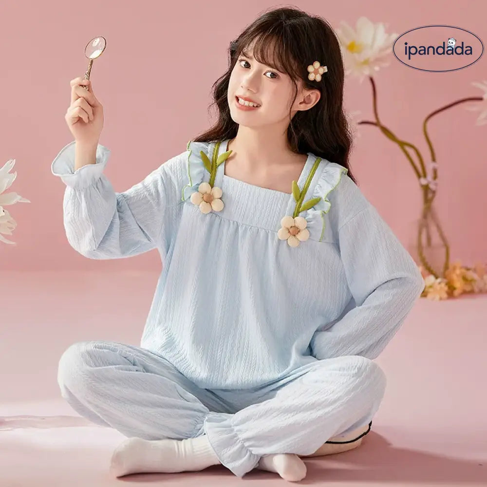 女の子用パジャマ 春秋用 長袖 綿100% 薄手 親子ペア マザー・ドーター スイートプリンセススタイル 中大童用 部屋着 セットアップ ID2140 ブルー / 3XS ベビー＆キッズ