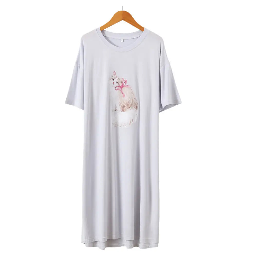 ID1529 お出かけ対応 夏 モダール 猫 プリント ビッグサイズ ナイトガウン ゆったり 快適 ルームウェア 新作 薄手 ブルー / フリー レディース＞ワンピース