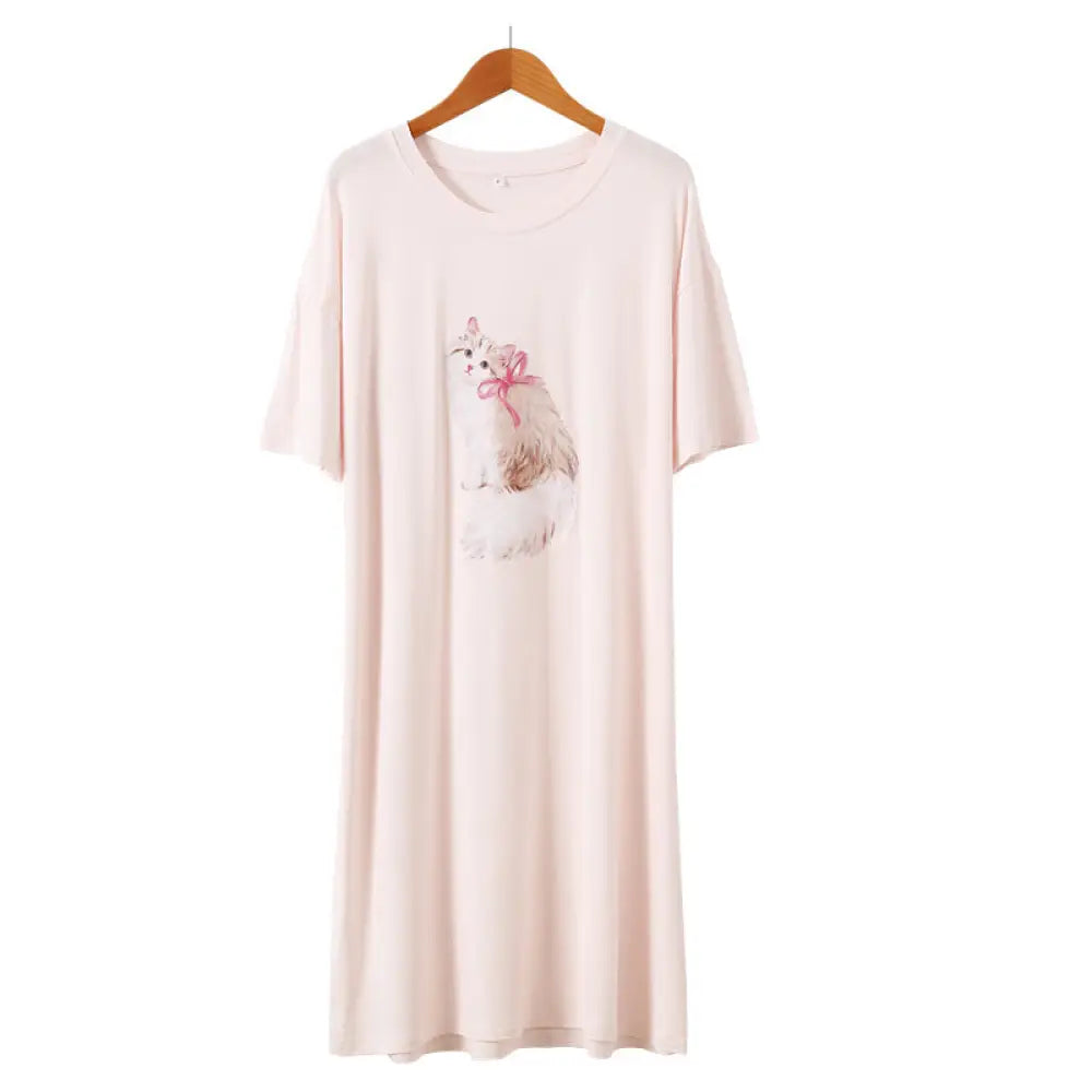 ID1529 お出かけ対応 夏 モダール 猫 プリント ビッグサイズ ナイトガウン ゆったり 快適 ルームウェア 新作 薄手 ピンク / フリー レディース＞ワンピース