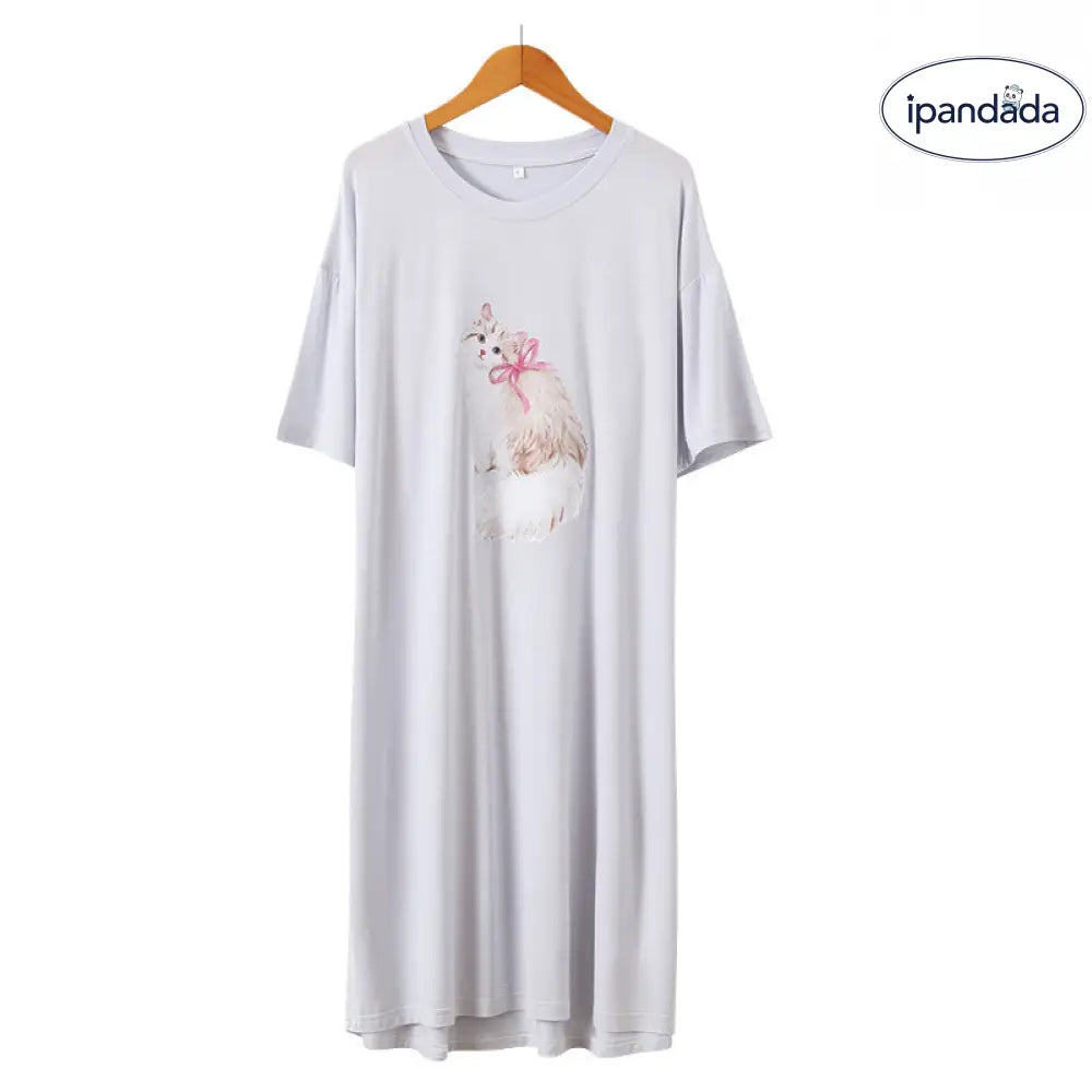 ID1529 お出かけ対応 夏 モダール 猫 プリント ビッグサイズ ナイトガウン ゆったり 快適 ルームウェア 新作 薄手