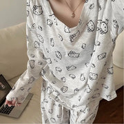 お出かけ着 としても使える パジャマ レディース 春 長袖 ハローキティ 韓国風 かわいい プリント 総柄 部屋着 ルームウェア セットアップ ツーピース カジュアル おしゃれ リラックス 新作 プレゼント ID4251 写真通り / S