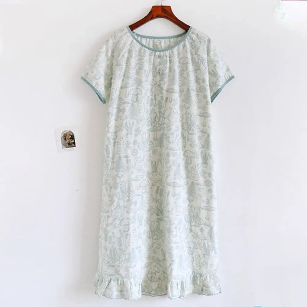 ID1459オーバーヘッド 丸首 半袖 ナイトウェア 女性用 夏 薄手 軽量 オーガニックコットン ガーゼ お出かけ対応 普段着 パジャマ ホームウェア ルームウェア グリーン / M レディース＞ワンピース