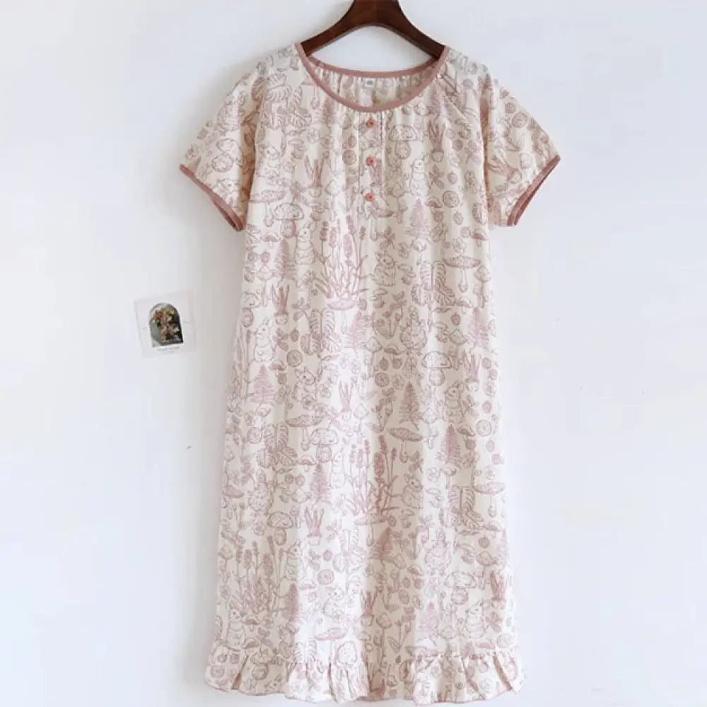 ID1459オーバーヘッド 丸首 半袖 ナイトウェア 女性用 夏 薄手 軽量 オーガニックコットン ガーゼ お出かけ対応 普段着 パジャマ ホームウェア ルームウェア ピンク / M レディース＞ワンピース