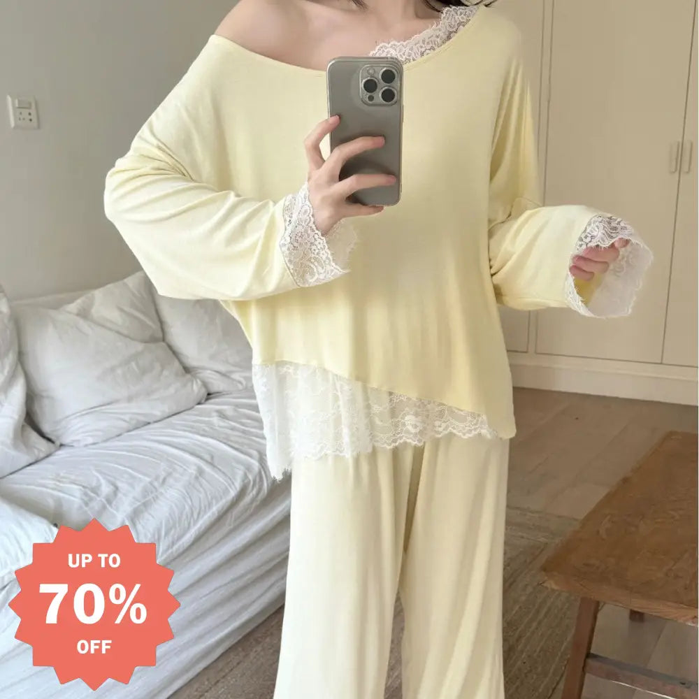 オフショルダー レース フリル 韓国風 パジャマ モダール コットン ゆったり 大きいサイズ 長袖 ルームウェア ID4308 レディース＞セットアップ