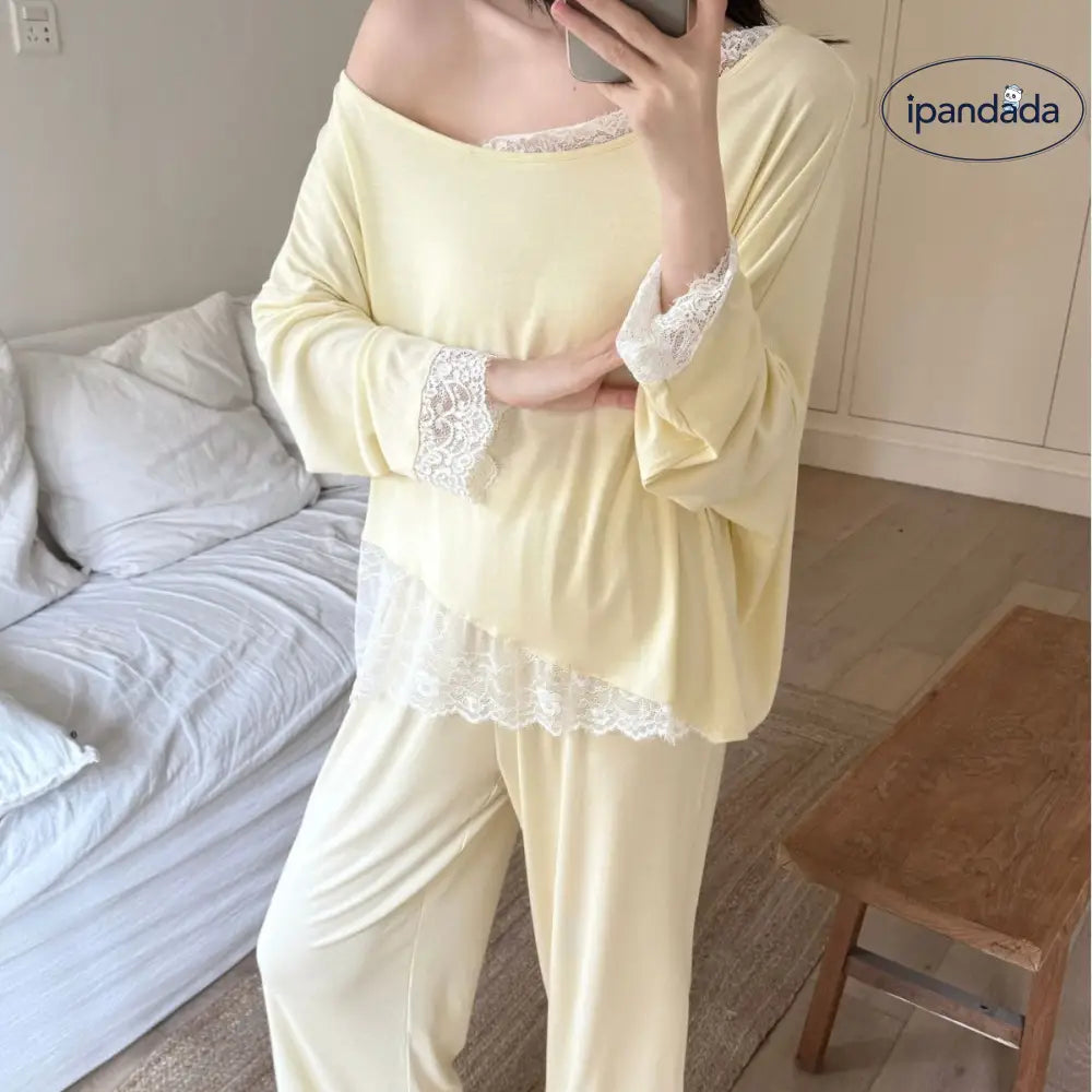 オフショルダー レース フリル 韓国風 パジャマ モダール コットン ゆったり 大きいサイズ 長袖 ルームウェア ID4308 レディース＞セットアップ