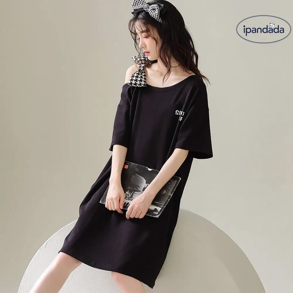 ID1132 オフショルダー ワンピース パジャマ 夏用 ゆったりサイズ おしゃれ ルームウェア お出かけ対応 レディース＞ワンピース