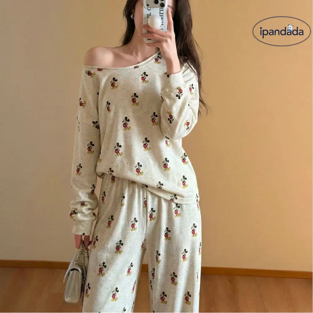 オフショルダースリーブ ミッキー パジャマ セット 大人可愛い 春 新作 長袖 長ズボン 部屋着 ホームウェア 快適 オーバーサイズ プレゼント ギフト ID4152 レディース＞セットアップ