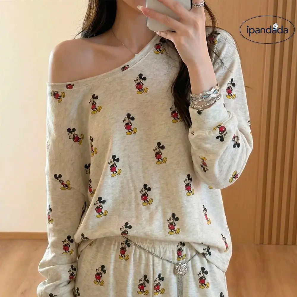 オフショルダースリーブ ミッキー パジャマ セット 大人可愛い 春 新作 長袖 長ズボン 部屋着 ホームウェア 快適 オーバーサイズ プレゼント ギフト ID4152 レディース＞セットアップ