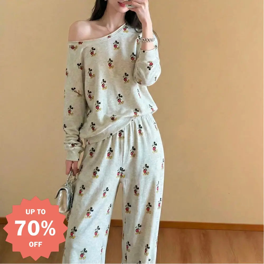 オフショルダースリーブ ミッキー パジャマ セット 大人可愛い 春 新作 長袖 長ズボン 部屋着 ホームウェア 快適 オーバーサイズ プレゼント ギフト ID4152 写真通り / S レディース＞セットアップ