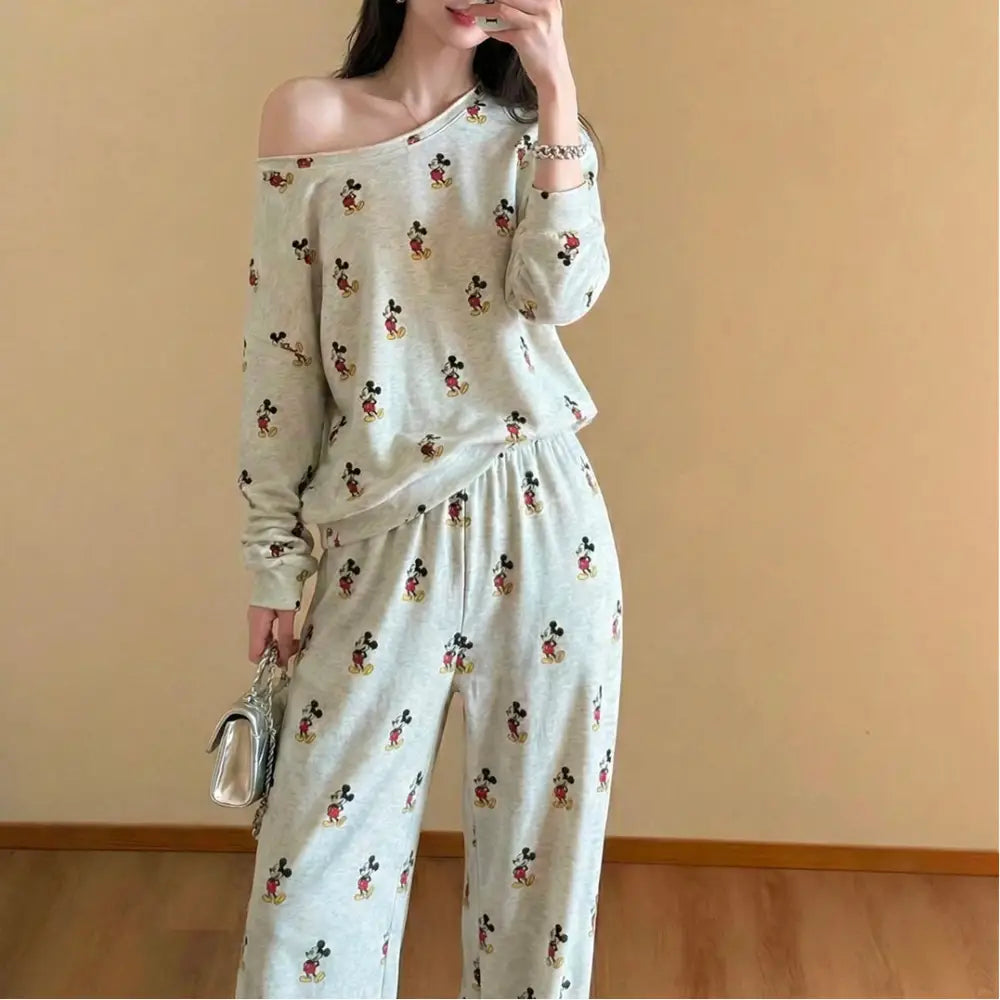 オフショルダースリーブ ミッキー パジャマ セット 大人可愛い 春 新作 長袖 長ズボン 部屋着 ホームウェア 快適 オーバーサイズ プレゼント ギフト ID4152 写真通り / S レディース＞セットアップ