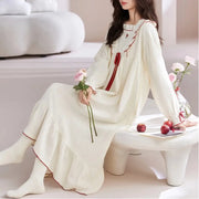 オーガニックコットン ガーゼ パジャマ ワンピース 女性 秋季 ラウンドネック Vネック プルオーバー 長袖 ロング ドレス 春 外出可能 少女用ドレス ID2295