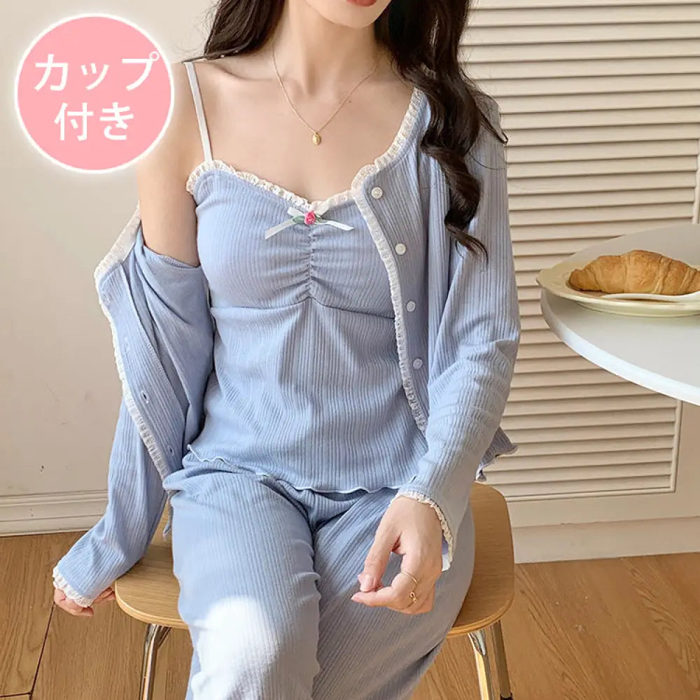 ルームウェア 3点セット レディース 部屋着 長袖 カップ付き パジャマ 薄手 ゆったり 可愛い 春 おしゃれ ブルー / M レディース＞セットアップ