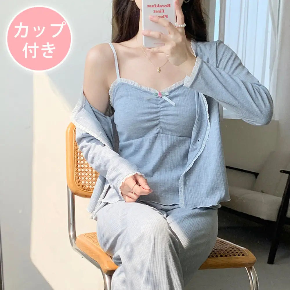 ルームウェア 3点セット レディース 部屋着 長袖 カップ付き パジャマ 薄手 ゆったり 可愛い 春 おしゃれ グレー / M レディース＞セットアップ