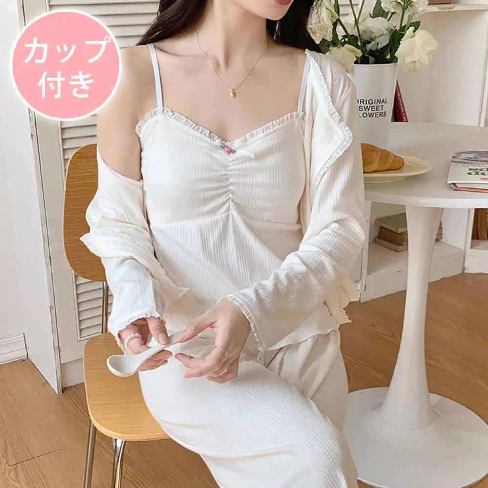 ルームウェア 3点セット レディース 部屋着 長袖 カップ付き パジャマ 薄手 ゆったり 可愛い 春 おしゃれ ホワイト / M レディース＞セットアップ