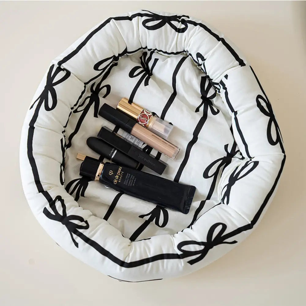 ID1222 おしゃれ収納バスケット 卓上整理 化粧品・小物入れ ナチュラル素材 インテリア雑貨 リボンデザイン L/ブラック インテリア雑貨＞収納雑貨